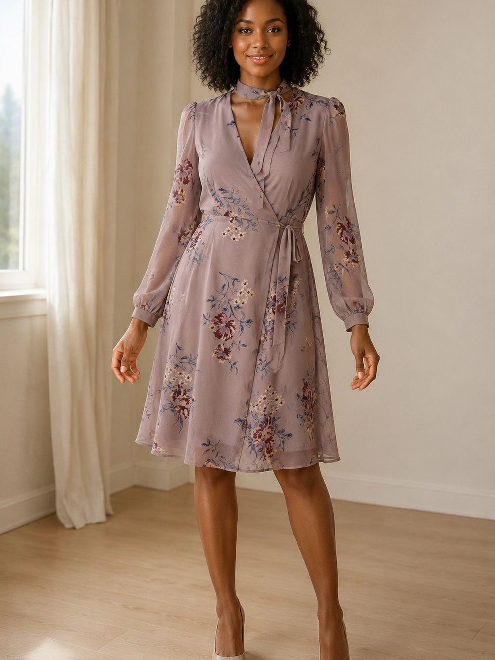 ASTR the Label Floral Tie-Neck Wrap Dress in Dusty Rose long sleeves